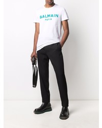 weißes und blaues bedrucktes T-Shirt mit einem Rundhalsausschnitt von Balmain