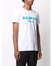 weißes und blaues bedrucktes T-Shirt mit einem Rundhalsausschnitt von Balmain