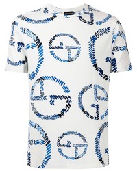 weißes und blaues bedrucktes T-Shirt mit einem Rundhalsausschnitt von Giorgio Armani