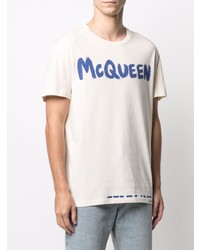 weißes und blaues bedrucktes T-Shirt mit einem Rundhalsausschnitt von Alexander McQueen