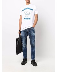 weißes und blaues bedrucktes T-Shirt mit einem Rundhalsausschnitt von DSQUARED2