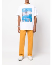 weißes und blaues bedrucktes T-Shirt mit einem Rundhalsausschnitt von Palm Angels