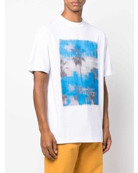 weißes und blaues bedrucktes T-Shirt mit einem Rundhalsausschnitt von Palm Angels
