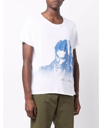 weißes und blaues bedrucktes T-Shirt mit einem Rundhalsausschnitt von Greg Lauren