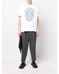 weißes und blaues bedrucktes T-Shirt mit einem Rundhalsausschnitt von Junya Watanabe