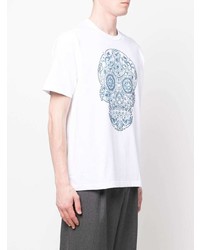 weißes und blaues bedrucktes T-Shirt mit einem Rundhalsausschnitt von Junya Watanabe