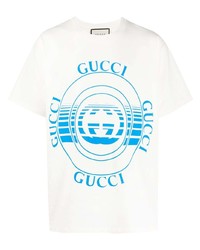 weißes und blaues bedrucktes T-Shirt mit einem Rundhalsausschnitt von Gucci