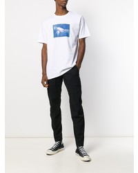 weißes und blaues bedrucktes T-Shirt mit einem Rundhalsausschnitt von Stussy