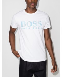 weißes und blaues bedrucktes T-Shirt mit einem Rundhalsausschnitt von BOSS