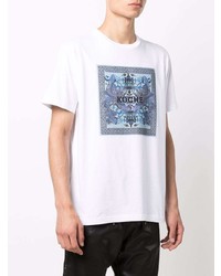 weißes und blaues bedrucktes T-Shirt mit einem Rundhalsausschnitt von Koché