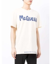 weißes und blaues bedrucktes T-Shirt mit einem Rundhalsausschnitt von Alexander McQueen