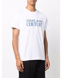 weißes und blaues bedrucktes T-Shirt mit einem Rundhalsausschnitt von VERSACE JEANS COUTURE