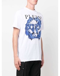 weißes und blaues bedrucktes T-Shirt mit einem Rundhalsausschnitt von Philipp Plein