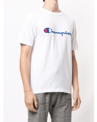 weißes und blaues bedrucktes T-Shirt mit einem Rundhalsausschnitt von Champion