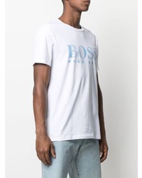 weißes und blaues bedrucktes T-Shirt mit einem Rundhalsausschnitt von BOSS