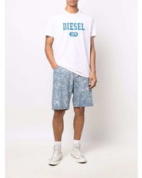 weißes und blaues bedrucktes T-Shirt mit einem Rundhalsausschnitt von Diesel