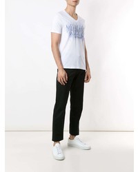 weißes und blaues bedrucktes T-Shirt mit einem Rundhalsausschnitt von Armani Exchange