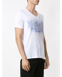 weißes und blaues bedrucktes T-Shirt mit einem Rundhalsausschnitt von Armani Exchange