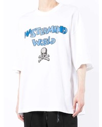 weißes und blaues bedrucktes T-Shirt mit einem Rundhalsausschnitt von Mastermind World