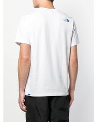 weißes und blaues bedrucktes T-Shirt mit einem Rundhalsausschnitt von The North Face