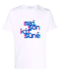 weißes und blaues bedrucktes T-Shirt mit einem Rundhalsausschnitt von MAISON KITSUNÉ