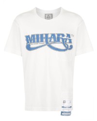 weißes und blaues bedrucktes T-Shirt mit einem Rundhalsausschnitt von Maison Mihara Yasuhiro