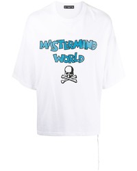weißes und blaues bedrucktes T-Shirt mit einem Rundhalsausschnitt von Mastermind World