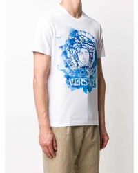 weißes und blaues bedrucktes T-Shirt mit einem Rundhalsausschnitt von Versace