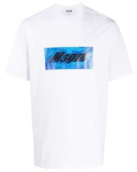 weißes und blaues bedrucktes T-Shirt mit einem Rundhalsausschnitt von MSGM