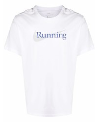 weißes und blaues bedrucktes T-Shirt mit einem Rundhalsausschnitt von Nike