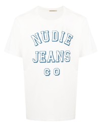 weißes und blaues bedrucktes T-Shirt mit einem Rundhalsausschnitt von Nudie Jeans