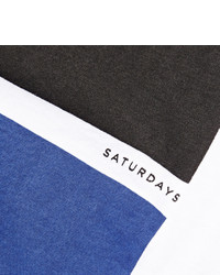 weißes und blaues bedrucktes T-Shirt mit einem Rundhalsausschnitt von Saturdays Surf NYC