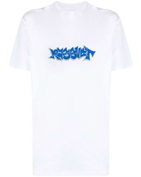 weißes und blaues bedrucktes T-Shirt mit einem Rundhalsausschnitt von PACCBET
