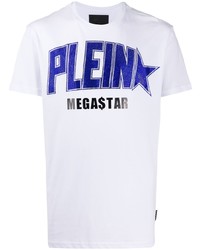 weißes und blaues bedrucktes T-Shirt mit einem Rundhalsausschnitt von Philipp Plein