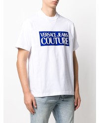 weißes und blaues bedrucktes T-Shirt mit einem Rundhalsausschnitt von VERSACE JEANS COUTURE