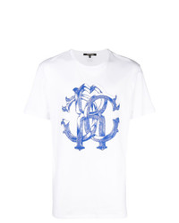 weißes und blaues bedrucktes T-Shirt mit einem Rundhalsausschnitt von Roberto Cavalli