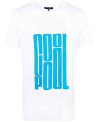 weißes und blaues bedrucktes T-Shirt mit einem Rundhalsausschnitt von Ron Dorff