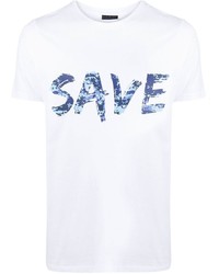 weißes und blaues bedrucktes T-Shirt mit einem Rundhalsausschnitt von Save The Duck