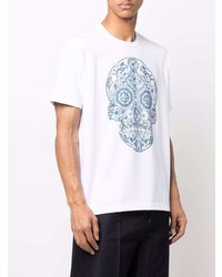 weißes und blaues bedrucktes T-Shirt mit einem Rundhalsausschnitt von Junya Watanabe MAN