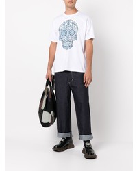 weißes und blaues bedrucktes T-Shirt mit einem Rundhalsausschnitt von Junya Watanabe MAN