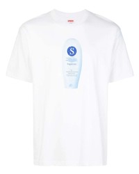 weißes und blaues bedrucktes T-Shirt mit einem Rundhalsausschnitt von Supreme