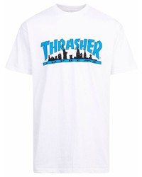 weißes und blaues bedrucktes T-Shirt mit einem Rundhalsausschnitt von Supreme