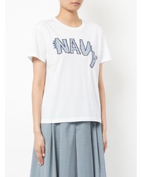 weißes und blaues bedrucktes T-Shirt mit einem Rundhalsausschnitt von Jil Sander Navy