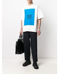 weißes und blaues bedrucktes T-Shirt mit einem Rundhalsausschnitt von Jil Sander