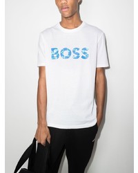 weißes und blaues bedrucktes T-Shirt mit einem Rundhalsausschnitt von BOSS