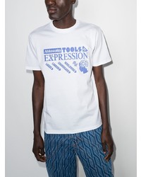 weißes und blaues bedrucktes T-Shirt mit einem Rundhalsausschnitt von Ahluwalia