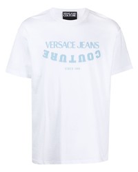 weißes und blaues bedrucktes T-Shirt mit einem Rundhalsausschnitt von VERSACE JEANS COUTURE