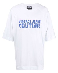 weißes und blaues bedrucktes T-Shirt mit einem Rundhalsausschnitt von VERSACE JEANS COUTURE