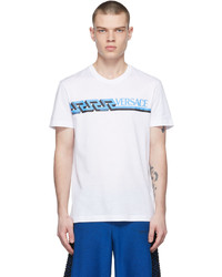weißes und blaues bedrucktes T-Shirt mit einem Rundhalsausschnitt von Versace