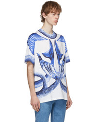 weißes und blaues bedrucktes T-Shirt mit einem Rundhalsausschnitt von Burberry